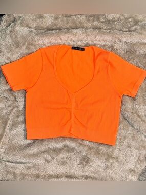 Neon Orange Ribbed Scoop-Neck Cropped Tee by Luv Me CB
